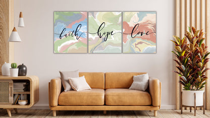 Faith Hope Love Marble Art | 3 Piece Inner Framed Canvas Bible Verse Wall Art, Set of 9" x 12"