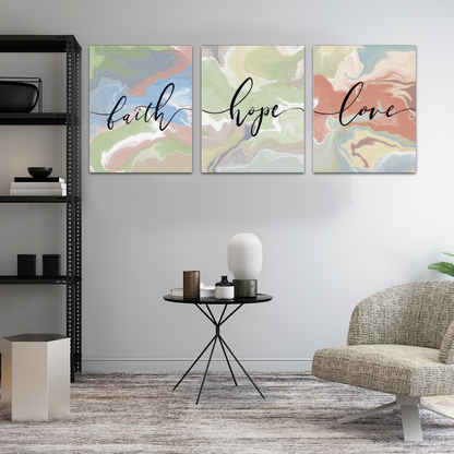 Faith Hope Love Marble Art | 3 Piece Inner Framed Canvas Bible Verse Wall Art, Set of 9" x 12"